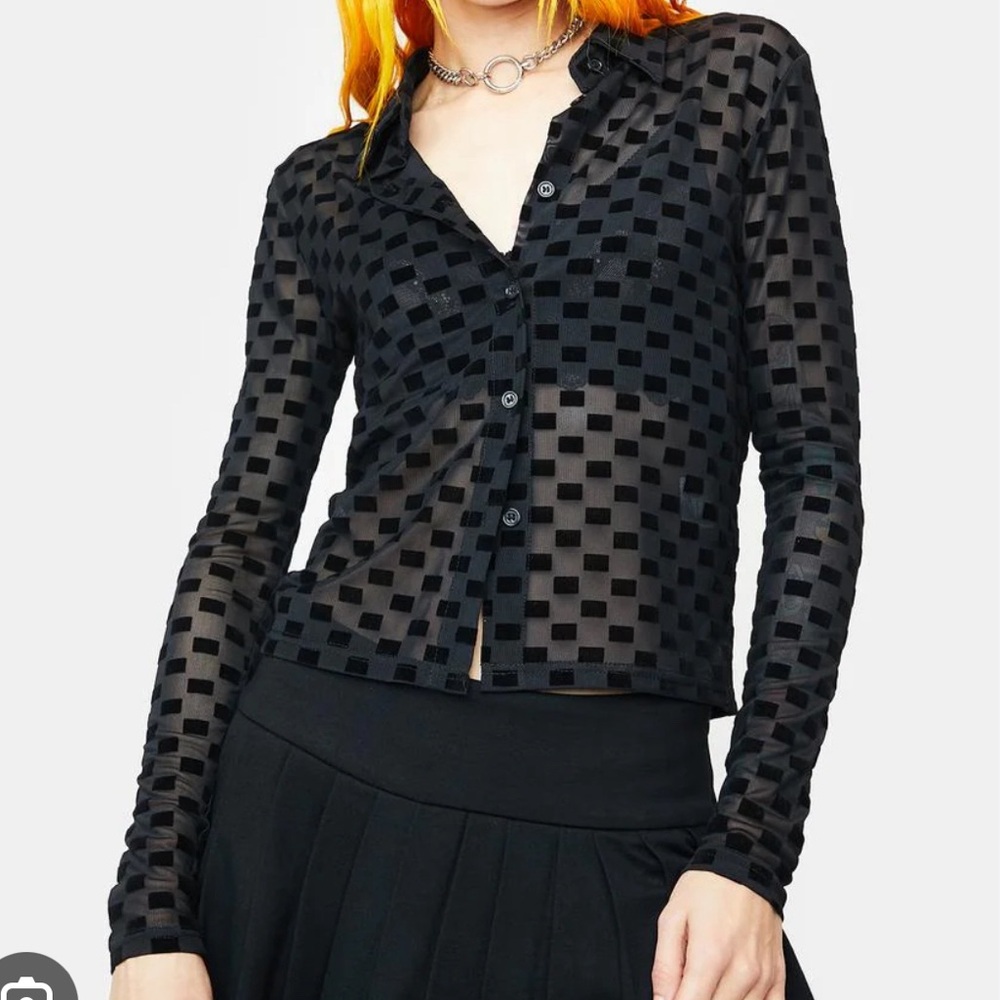 Edikted Long Sleeve Sheer Checkered Button Up - Size Medium Black